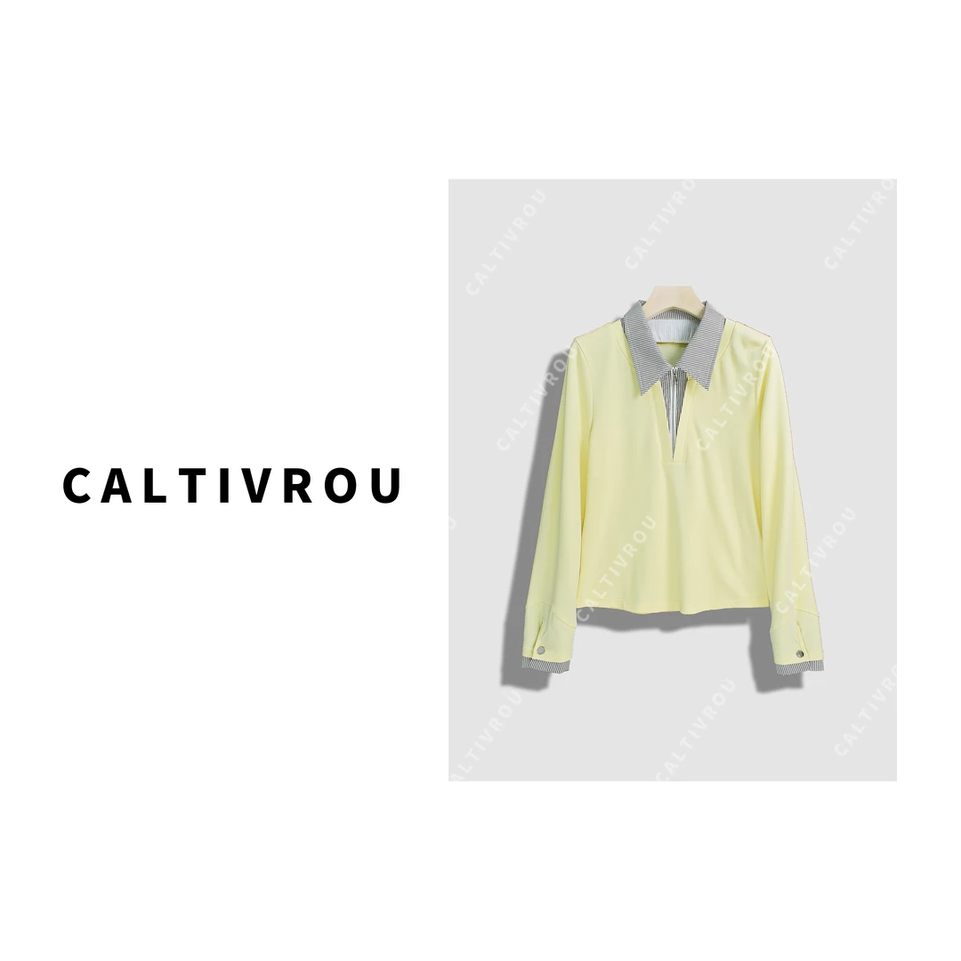 Caltivrou设计款条纹拼接翻领假两件上衣-Y15105