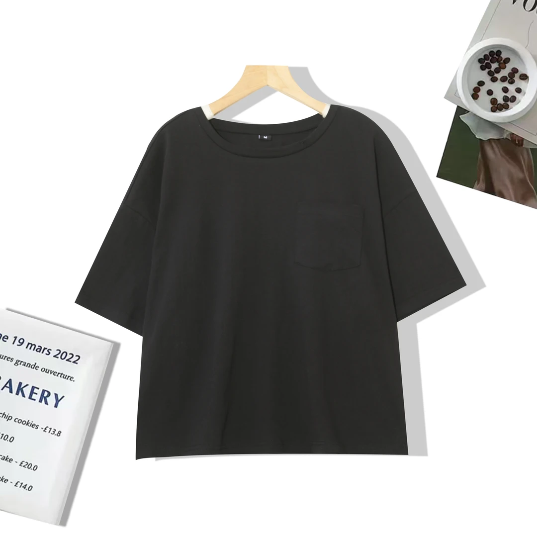 【特价】夏季女士短款韩版T恤圆领五分袖宽松口袋短袖上衣女H609