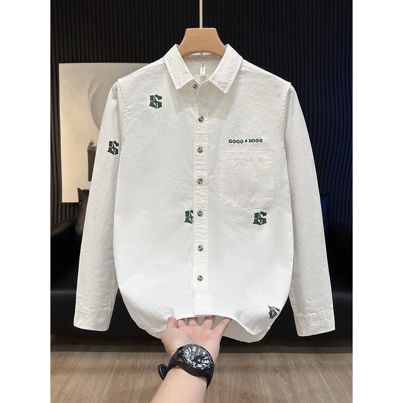 潮流男士简约印花刺绣衬衫2025秋季新款时尚百搭潮流时尚百搭衬衣