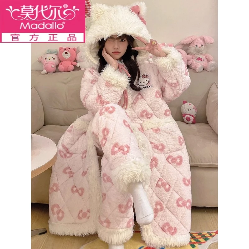 莫代尔2024新款冬季凯蒂猫睡袍女三层夹加厚加绒珊瑚绒甜美家居服