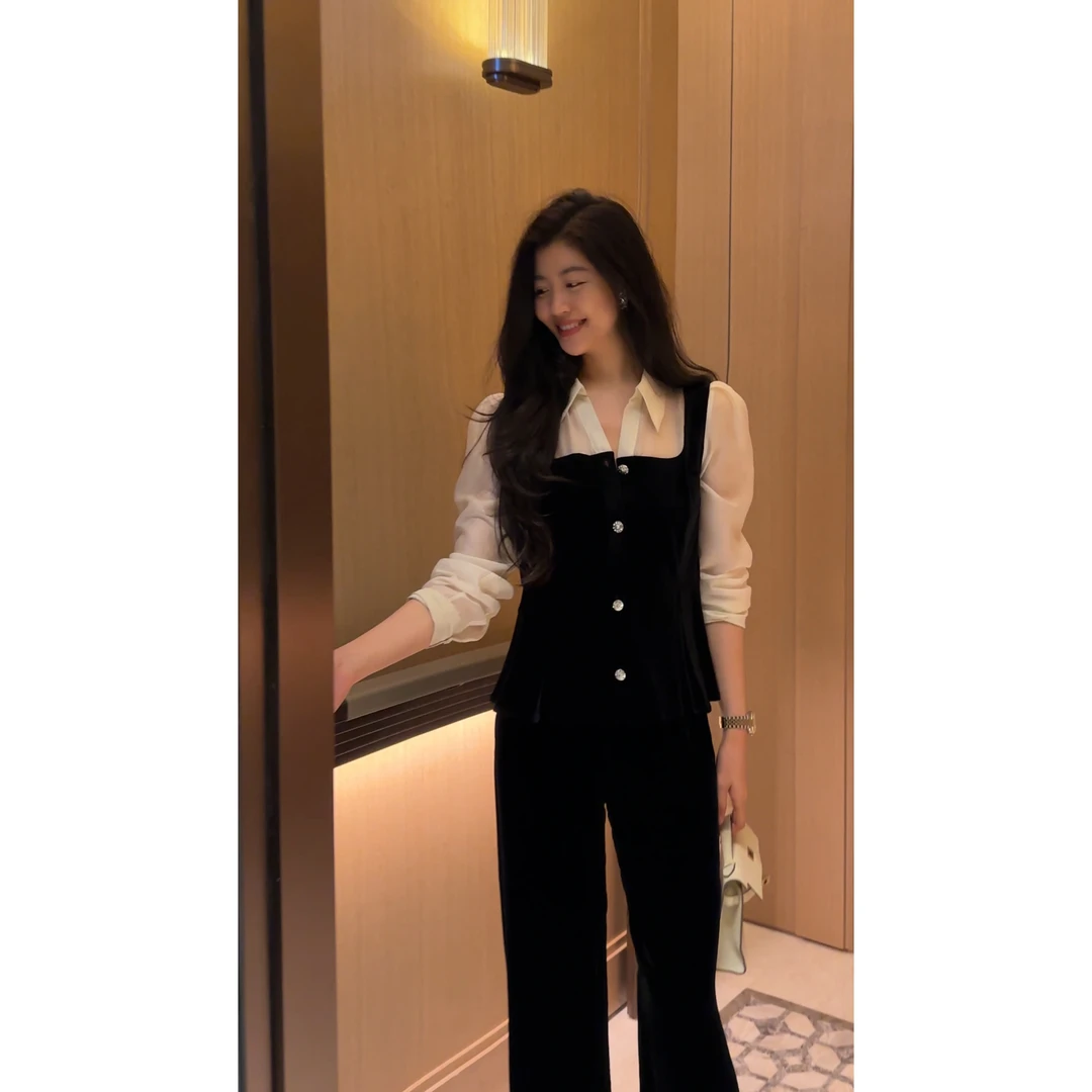 【N·COU】25秋新款【精英女神】假两件拼接丝绒收腰唐装上衣DY79762