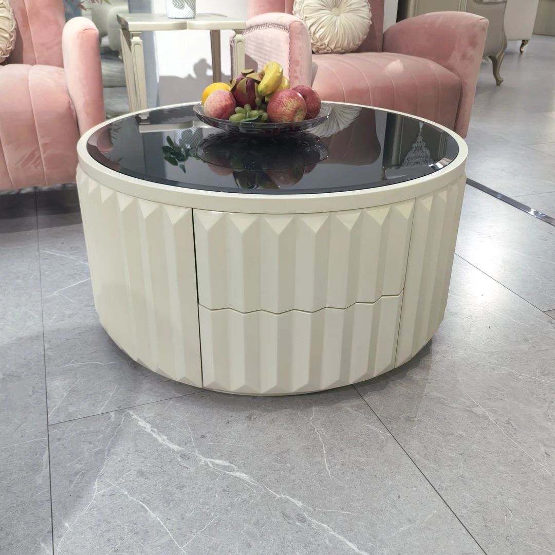 美式轻奢实木圆形茶几/客厅意式圆形茶几/沙发茶几/简约法式/