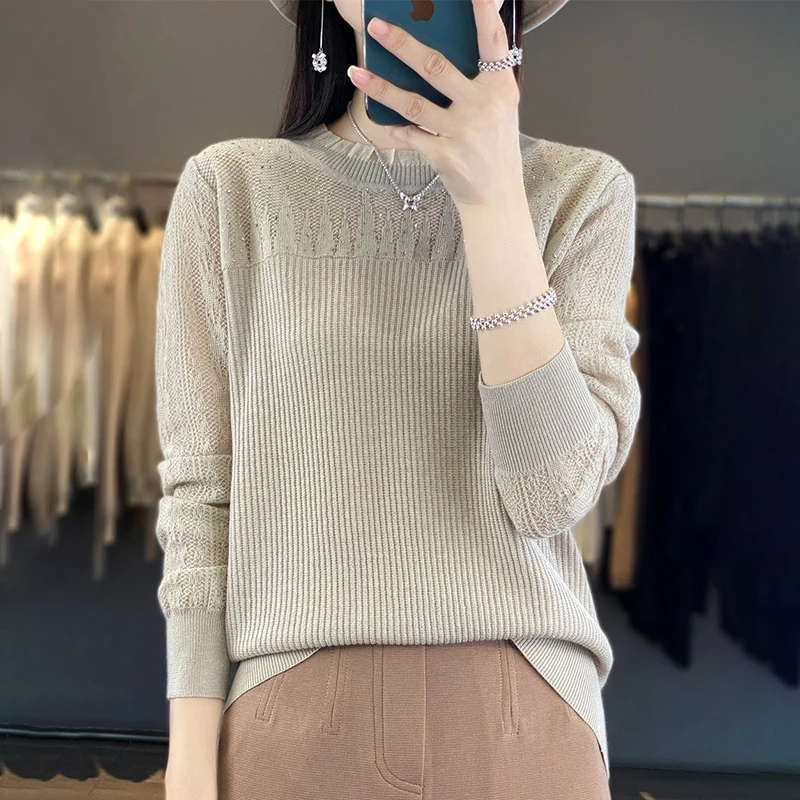 蕾丝打底衫女春秋25新款烫钻木耳领上衣洋气高级感大码针织毛衣