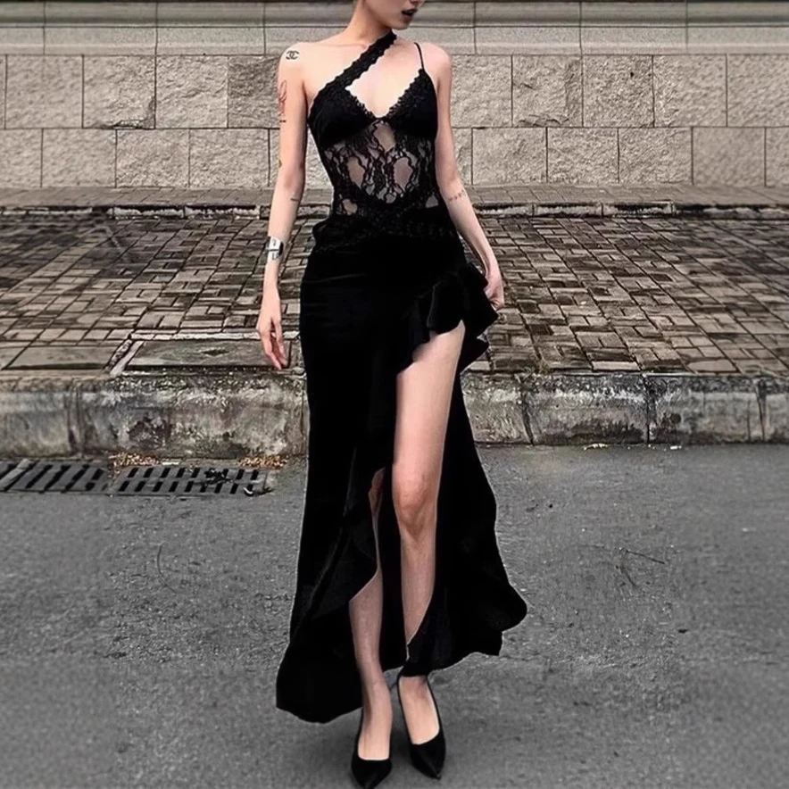 夏季法式辣妹拼接吊带长裙连衣裙名媛包臀显瘦吊带裙