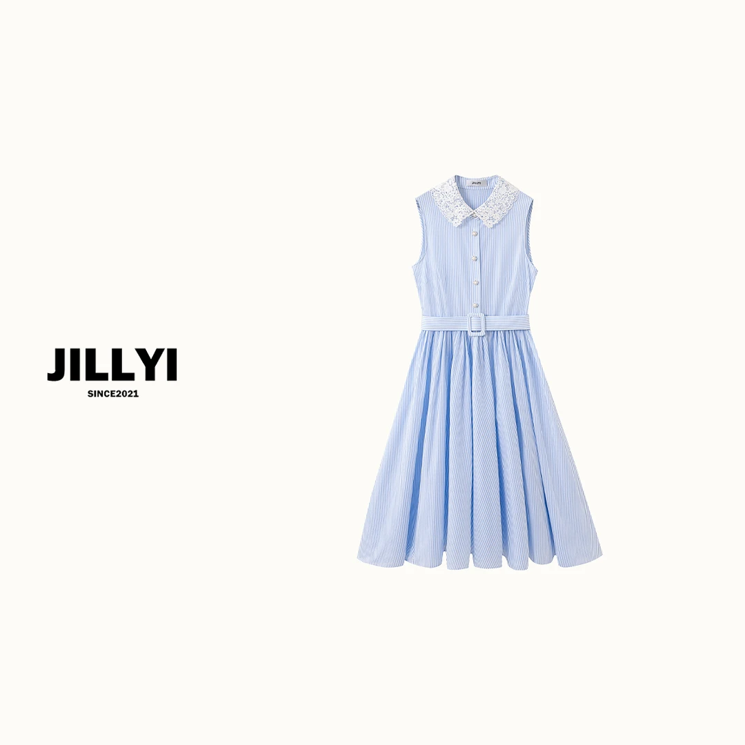 JILLYI【优雅公主】蓝色竖条纹白蕾丝领口精致公主气质连衣裙