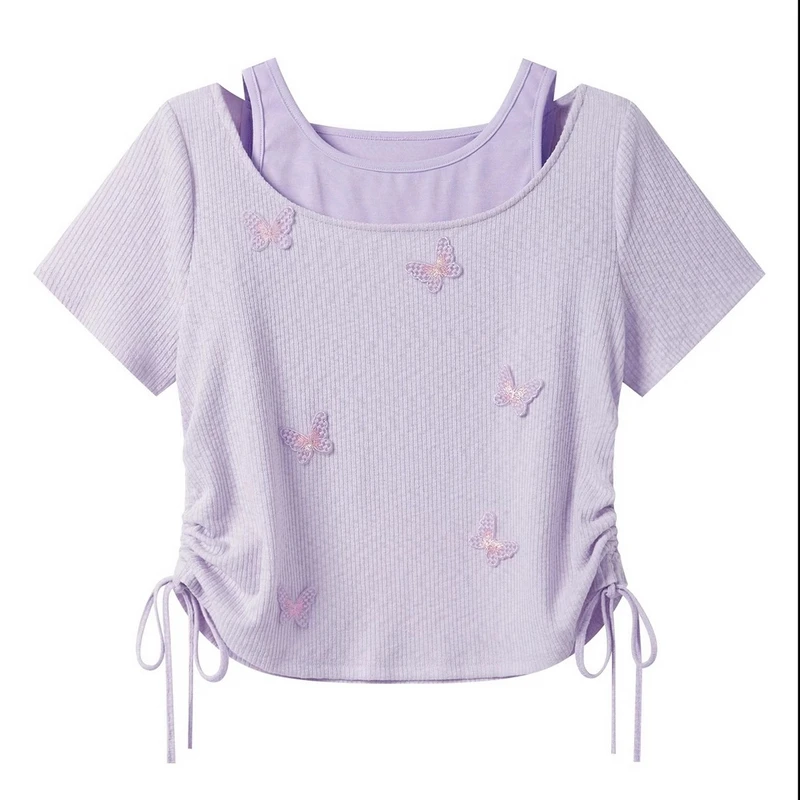 2025年假两件立体蝴蝶抽绳短袖t恤夏季休闲风新款紫色短款上衣潮