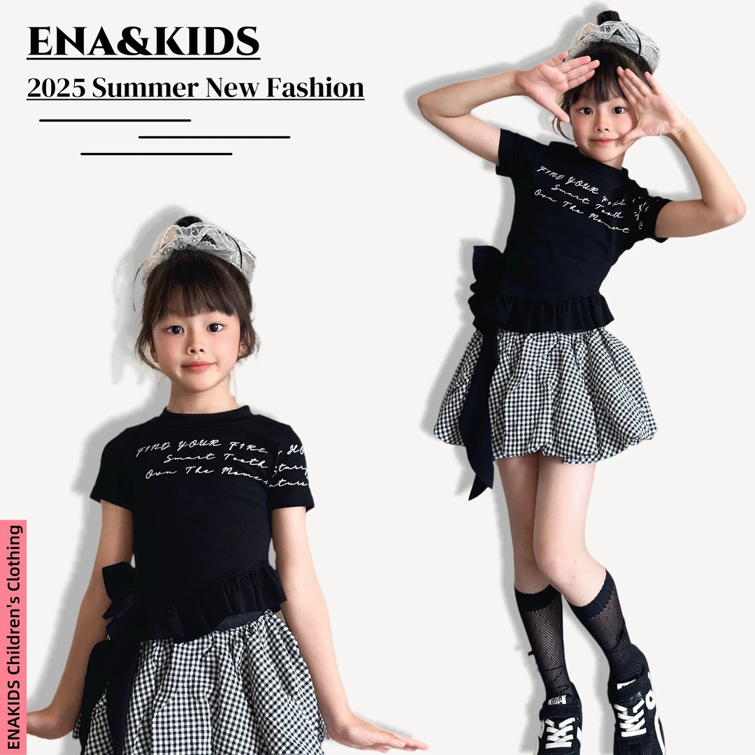 ENA恩娜kids【黑曜辣妹】女童不规则短袖T恤夏季字母印花飘带上衣