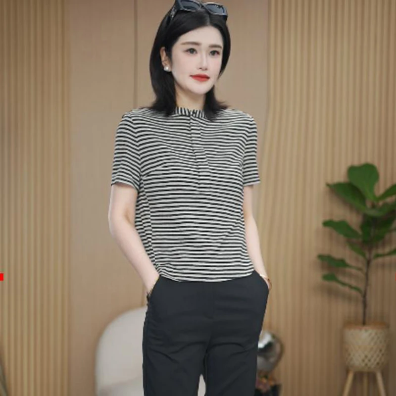 韩版休闲显瘦减龄百搭上衣女2025夏季新款时尚高级感条纹短袖T恤