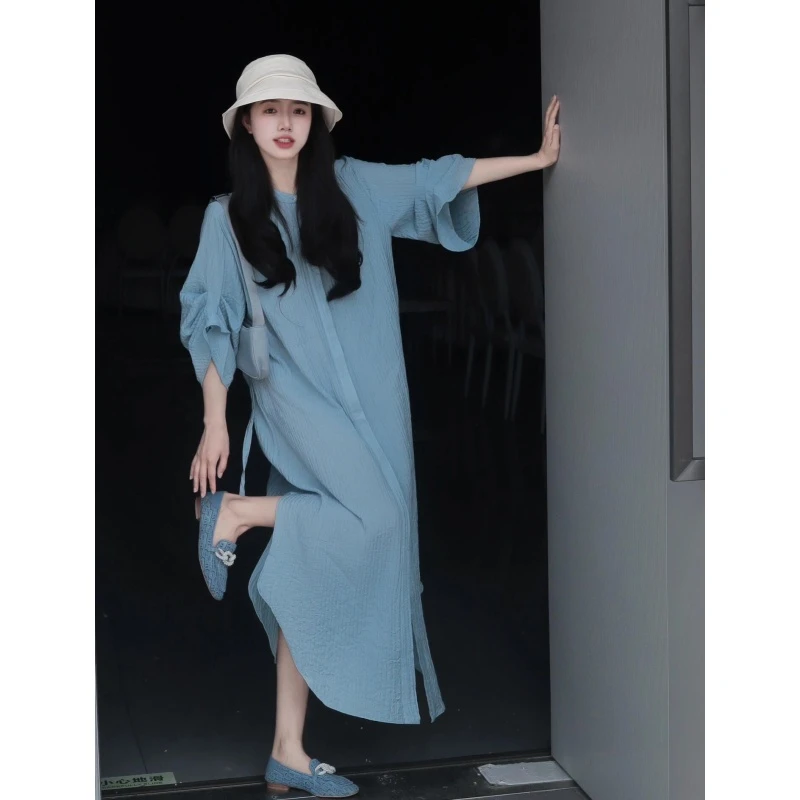 慵懒风衬衫连衣裙女2025夏季韩版肌理感七分袖宽松休闲绑带中长裙