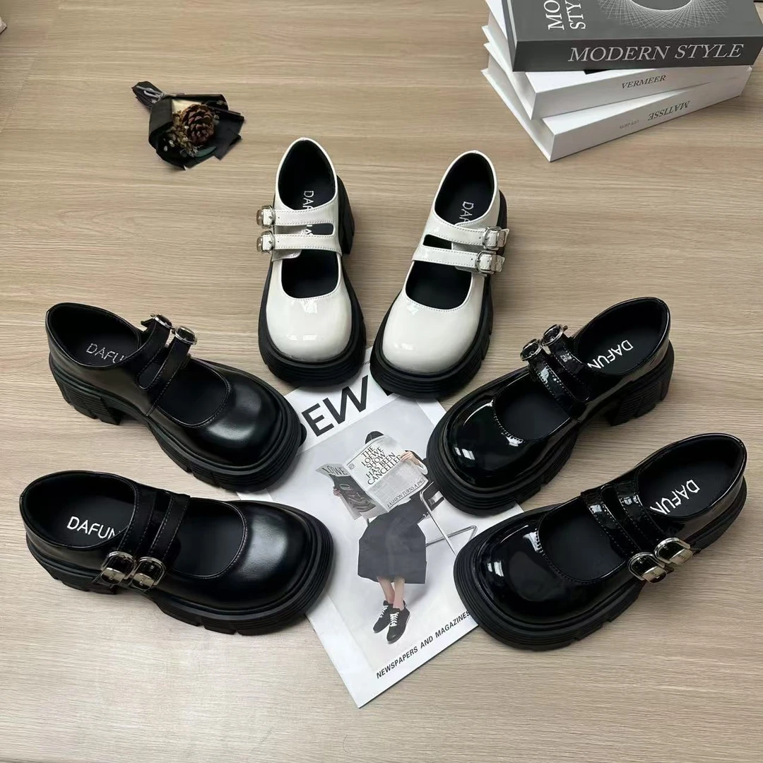 【L5】厚底春夏2025新款法式玛丽珍女鞋复古双排带粗跟增高乐福鞋