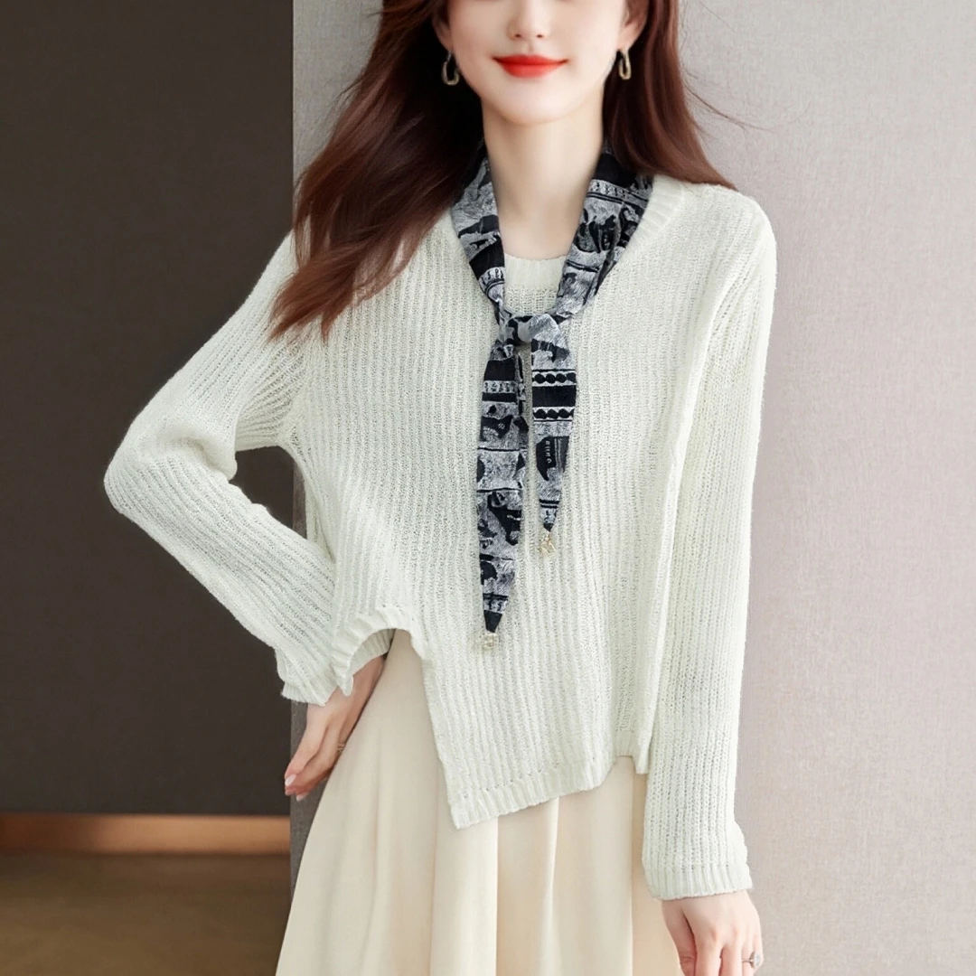 圆领长袖针织衫2025秋季新款女装不规则衣摆时尚宽松款套头上衣