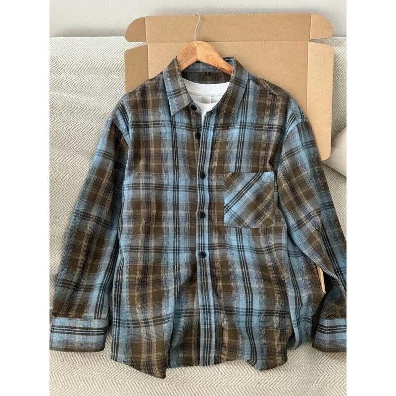 美式复古格子设计长袖衬衫男2025春季潮流青少年帅气休闲宽松上衣