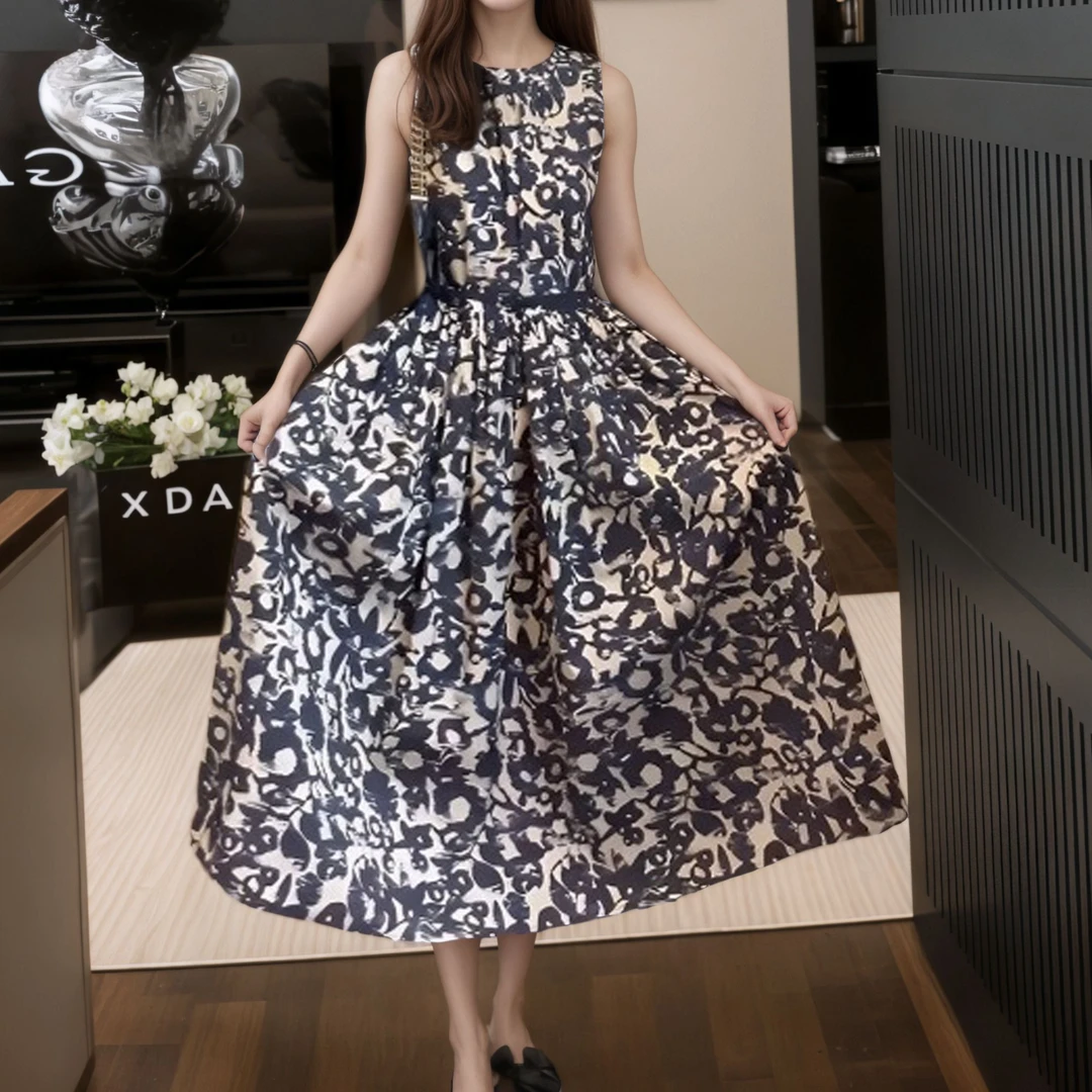 修身复古轻奢优雅油画印花褶皱百搭老钱风女装收腰连衣裙