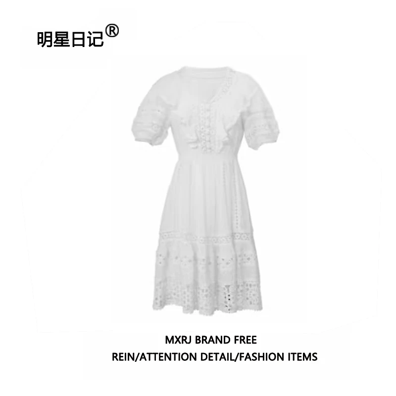 明星日记李兰迪同款法式白色镂空a字连衣裙收腰显瘦蕾丝花边短裙