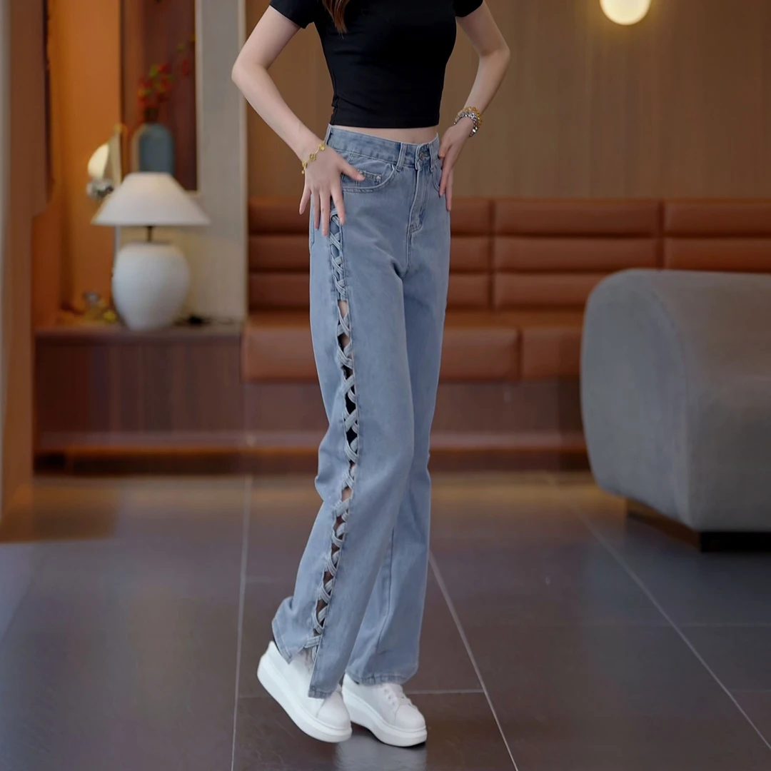 高腰直筒垂感牛仔裤百搭显瘦浅蓝辣妹阔腿宽松镂空夏凉感牛仔长裤