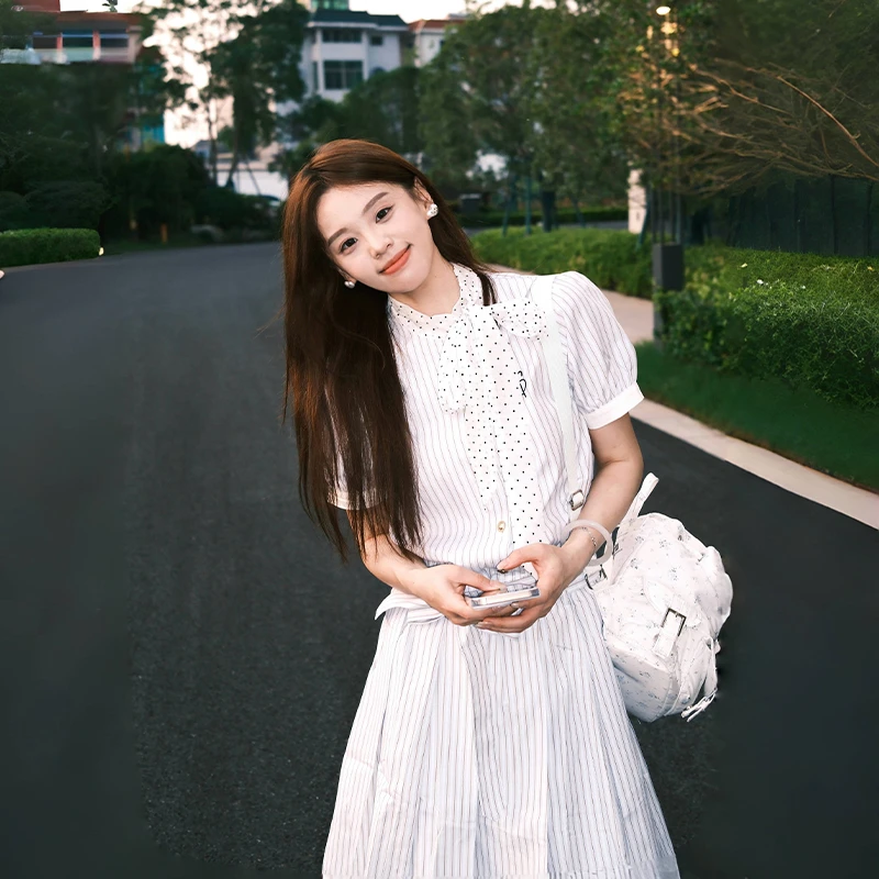 NEOTCG波点系带拼接条纹蝴蝶短袖连衣裙夏季复古女士法式长裙衬衫