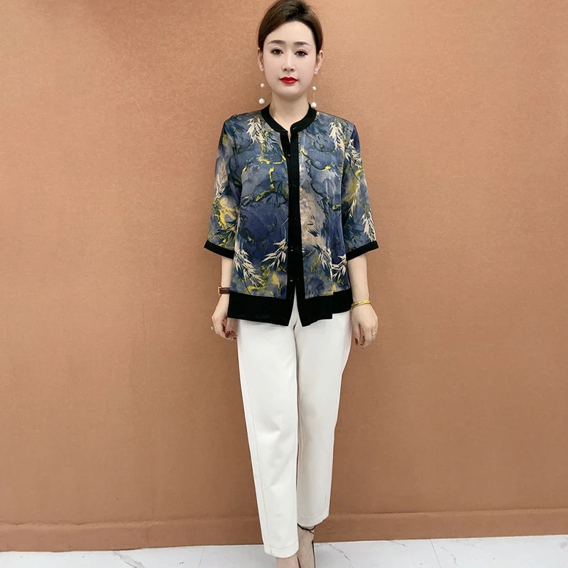 七分袖大码开衫外套夏季新款上衣休闲百搭花衬衫阔版洋气防晒衣女