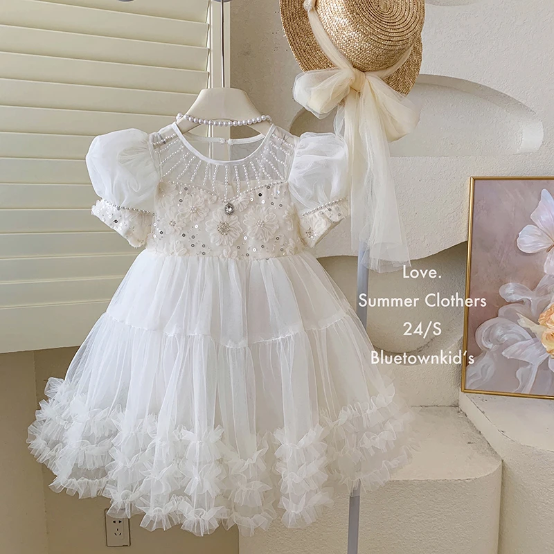 【本妈】夏‘浪漫花海”女童泡泡袖重工珍珠亮片连衣裙92981 39‘9’