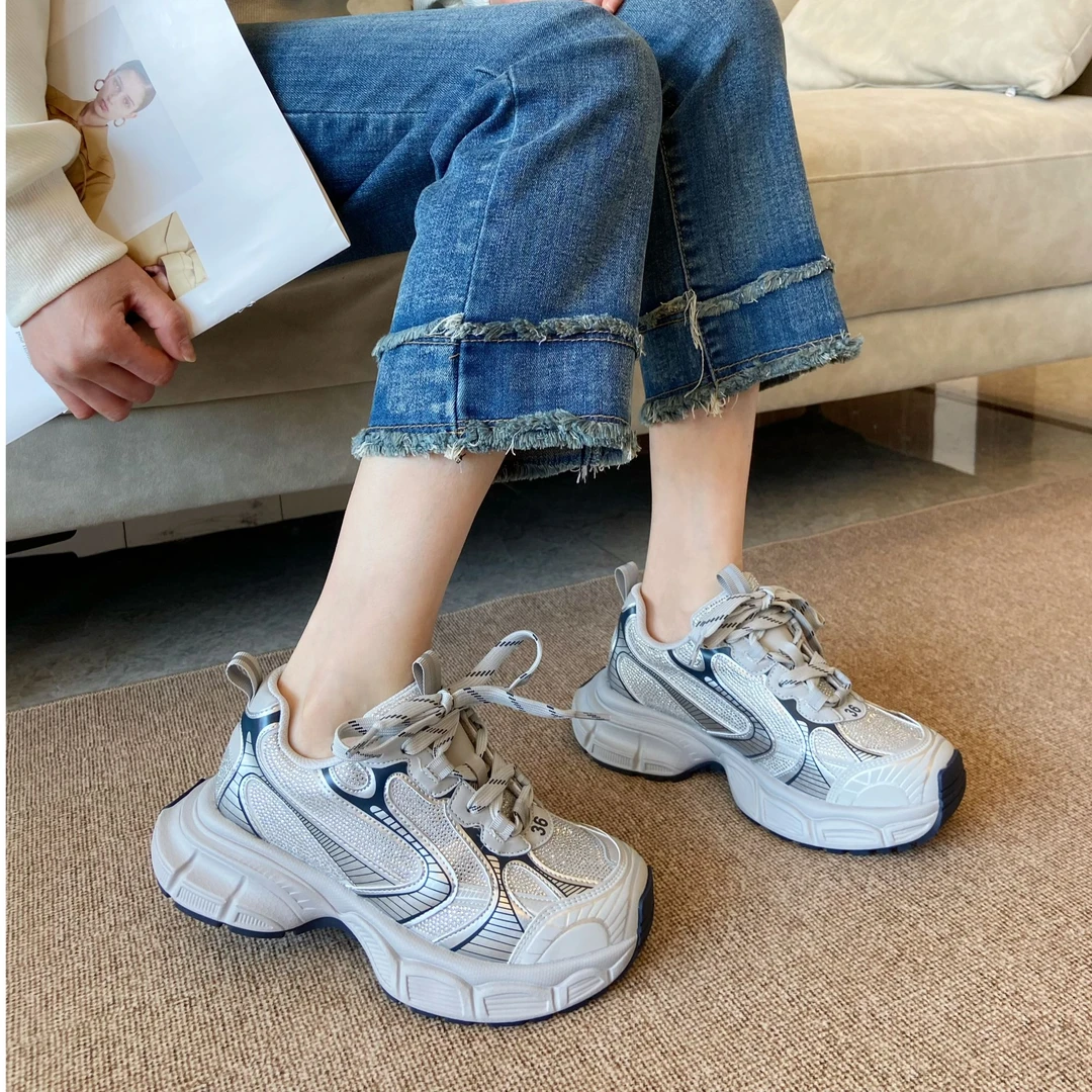 厚底轻便百搭老爹鞋女2025新款女春款爆款软底牛皮网面休闲运动鞋