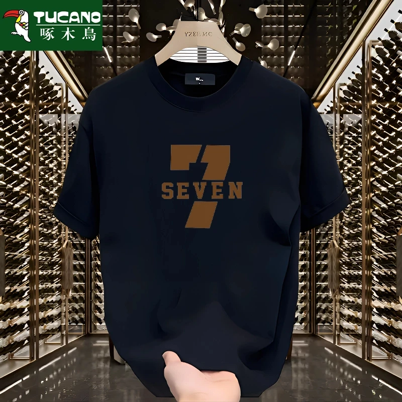 啄木鸟纯棉t恤男重磅圆领潮流ins情侣全棉半袖青少年休闲圆领上衣