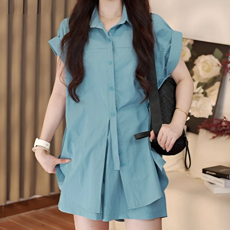 【现货】夏季短袖洋气时尚套装高级气质翻领两件套24644-24645