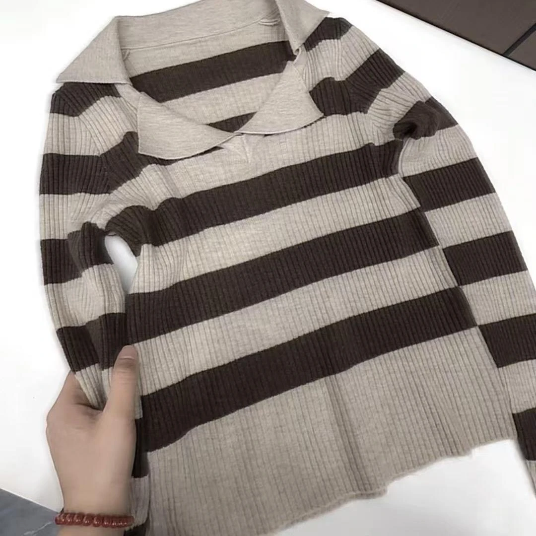 【翻领条纹打底】设计感百搭显瘦针织打底衫