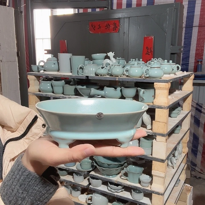 吓***友瓷片汝瓷中号水仙盆支钉烧仿古釉微瑕36