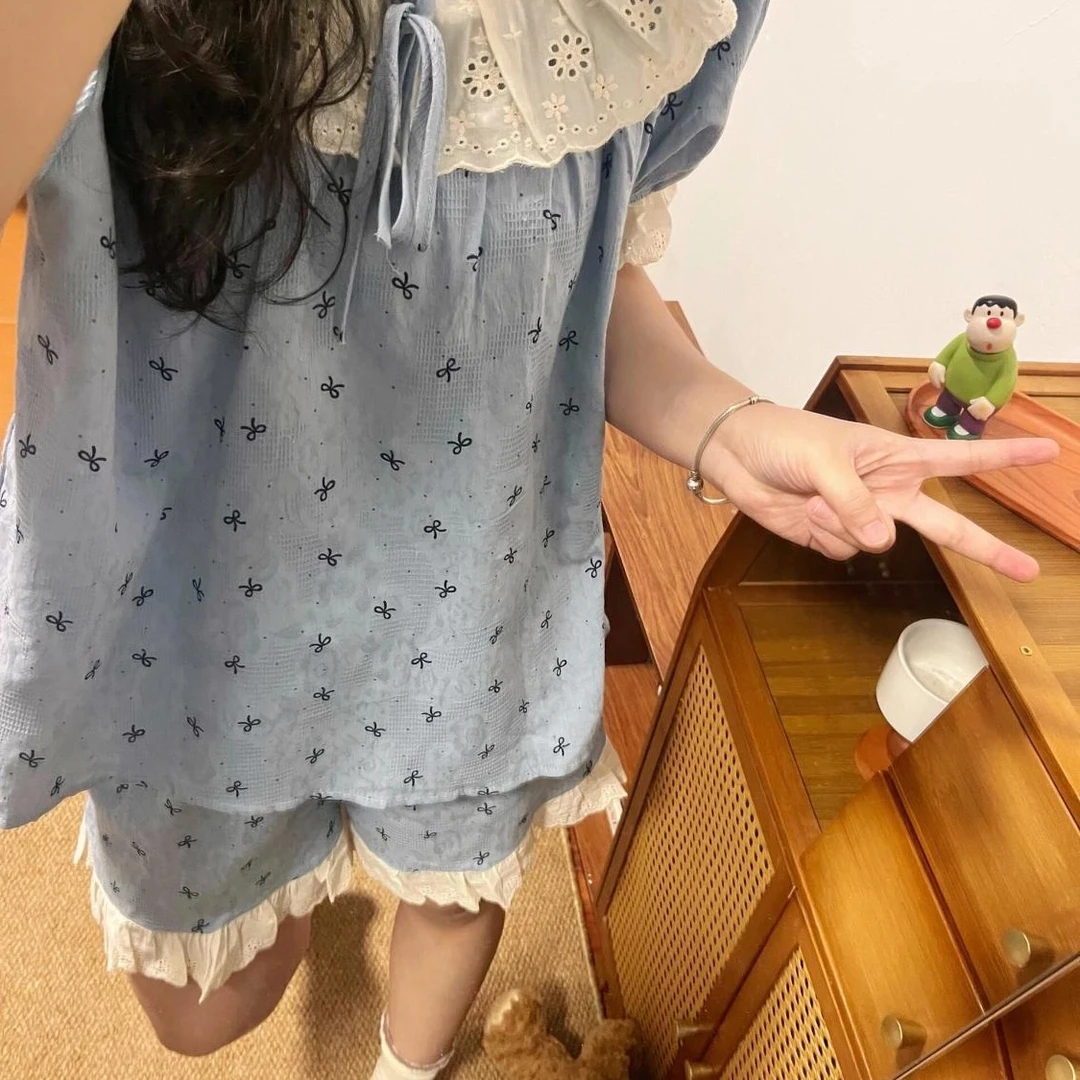 可外穿甜美带胸垫短裤花边蝴蝶结女夏季新款短袖风日系学生居家