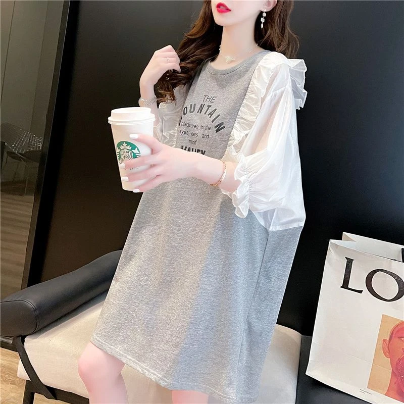 中长款泡泡袖短袖夏装网红T恤裙女慵懒风字母印花百搭宽松连衣裙