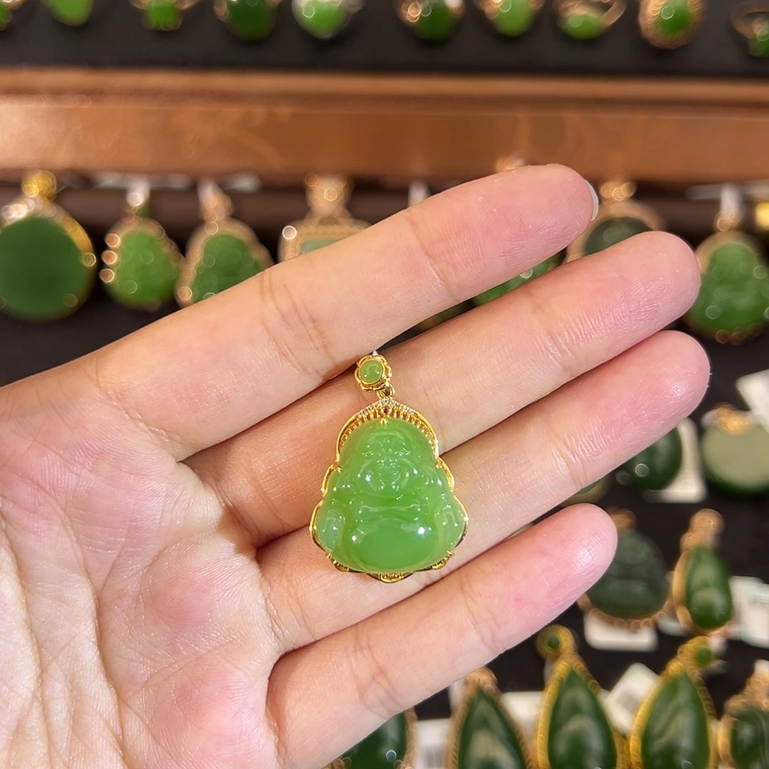 和田玉（碧玉）18K金镶嵌吊坠(不含链)苹果绿佛公20mm
