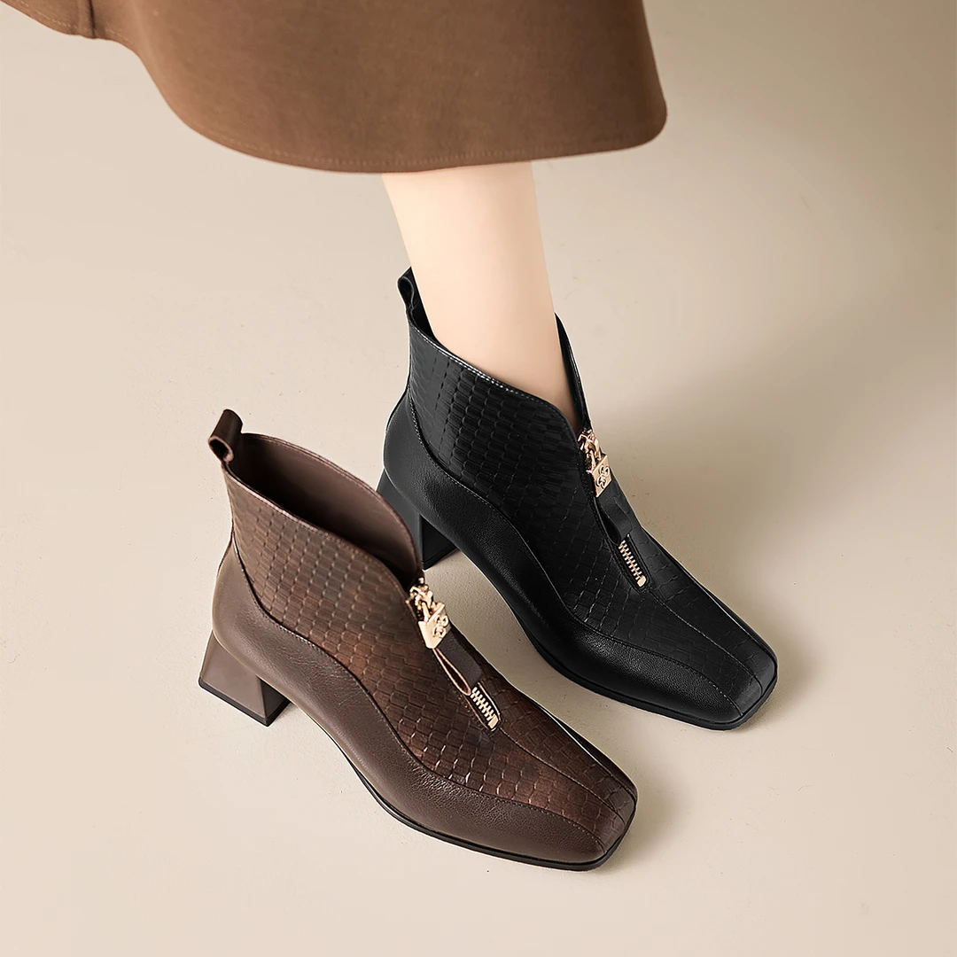 羊皮/4.7cm/中跟短靴方头外穿时尚百搭时装靴前拉链女靴