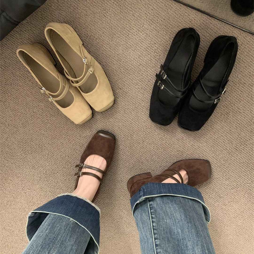 韩版方头双排扣玛丽珍鞋女2024年春秋新款温柔配裙子粗跟浅口单鞋