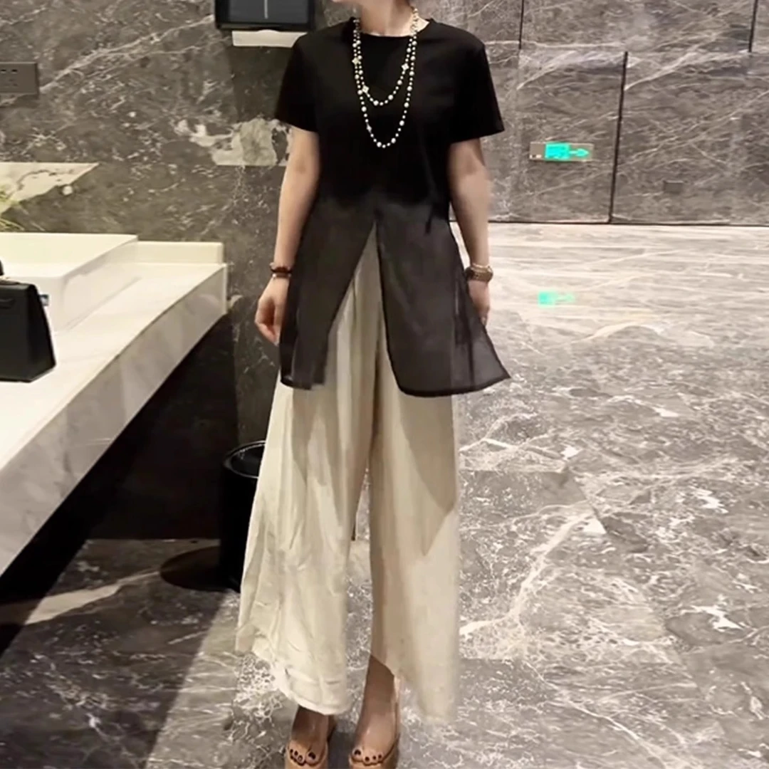 拉夏贝尔时尚套装女士2025年夏季新款洋气网纱短袖阔腿裤两件套薄