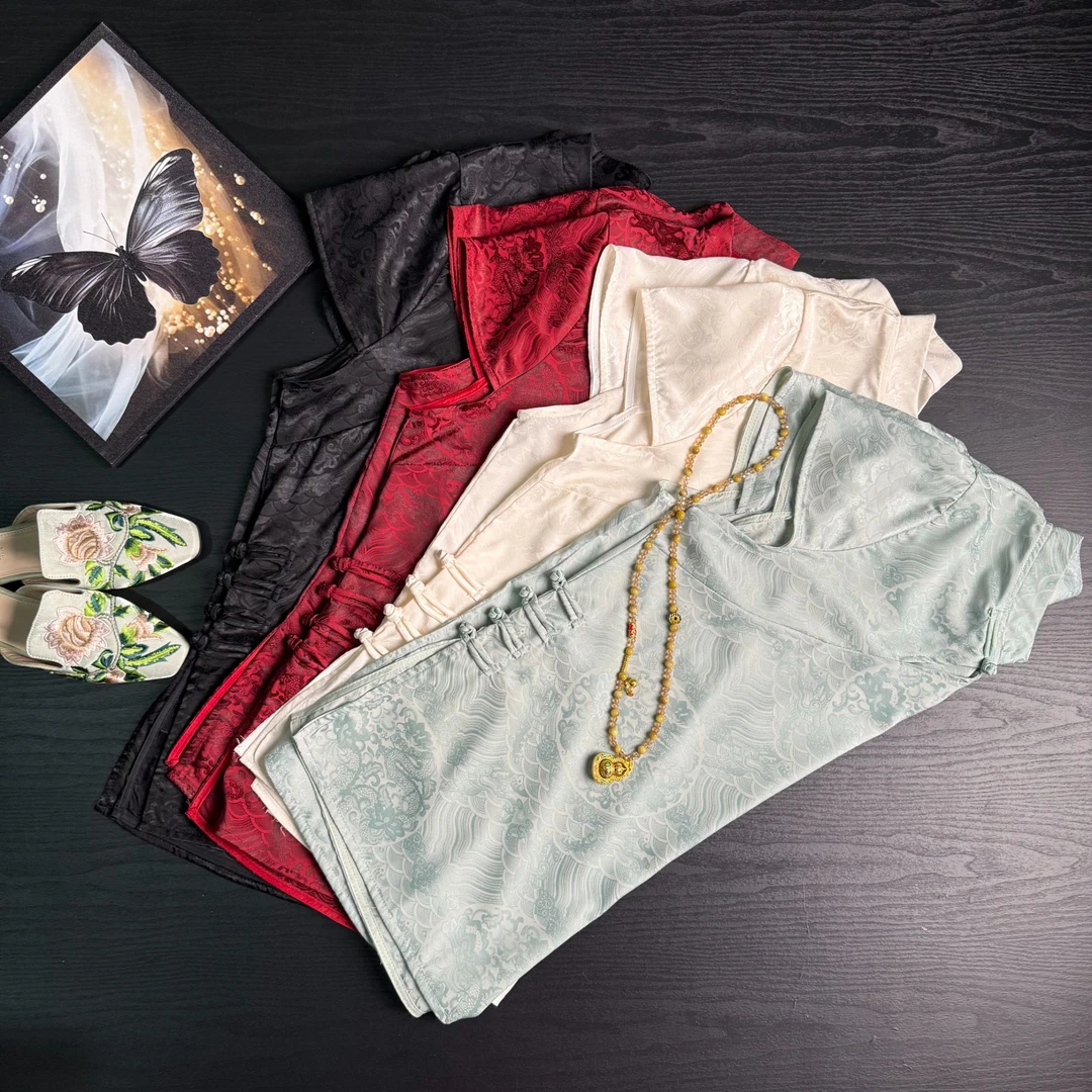 国风提花夏季新款新中式上衣盘扣立领大码女装无袖衬衫