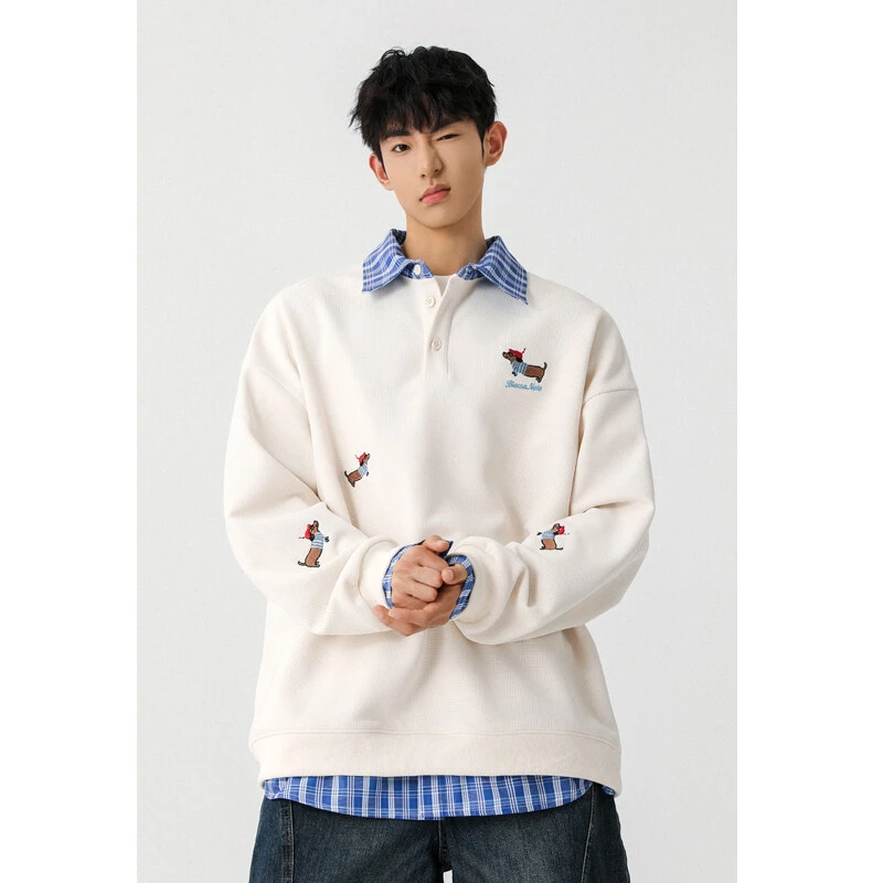 假两件腊肠狗重磅质感卫衣男春秋美式潮牌痞帅少年感宽松休闲外套