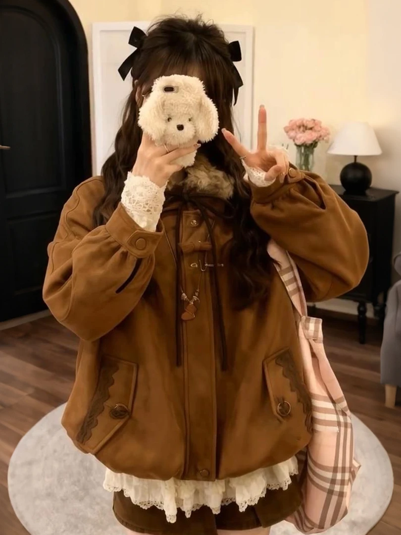 美式复古毛领夹棉棕色花苞厚外套女冬装2025新款vintage宽松上衣