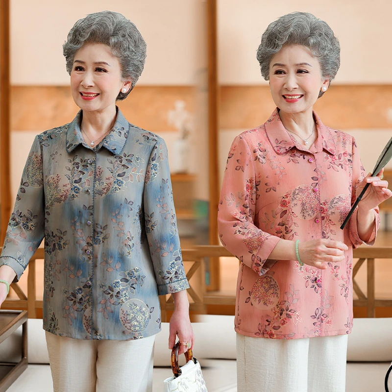 中老年人女装时尚舒适七分袖衬衫夏季妈妈装碎花上衣奶奶衬衣薄