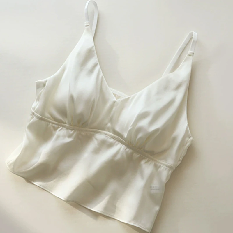 19姆米法式轻奢桑蚕丝V领美背吊带重磅真丝带胸垫可外穿wx00091