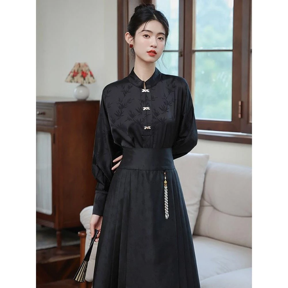 配马面裙的衬衫女新中式飞机袖黑色上衣国风改良汉服立领对襟衬衣
