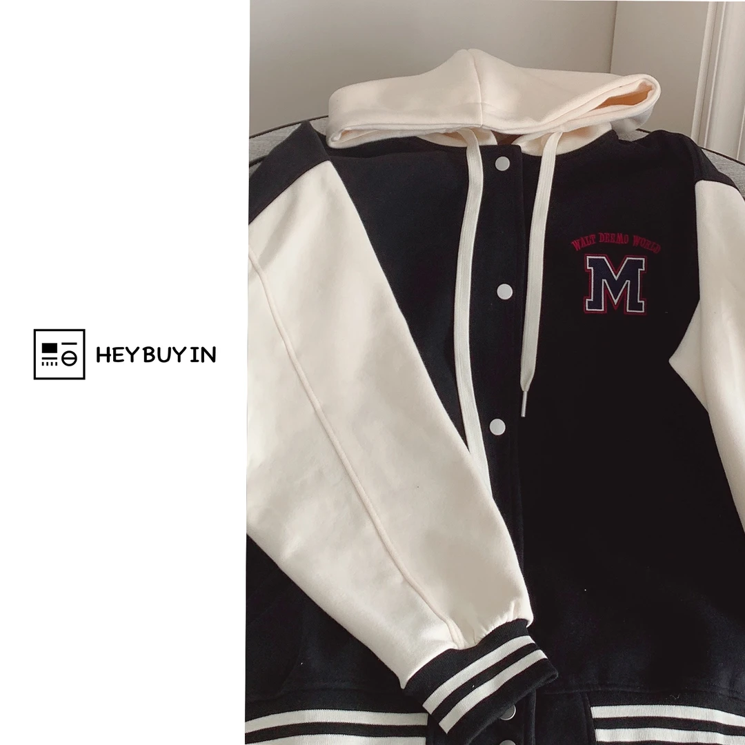 HEYBUYIN【棒球服外套】精选撞色带帽纽扣刺绣百搭宽松显瘦长袖上衣