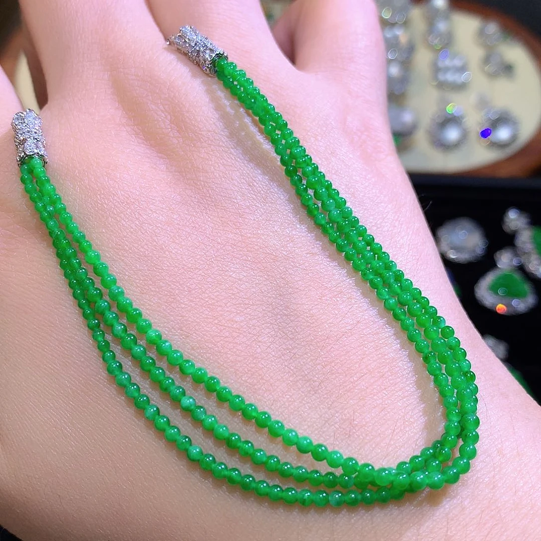 翡翠18K金镶嵌颈饰高冰满绿小米珠手链