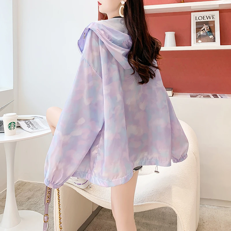 扎染防晒衣女夏季2025新款薄款上衣宽松设计感连帽开衫外套防晒服