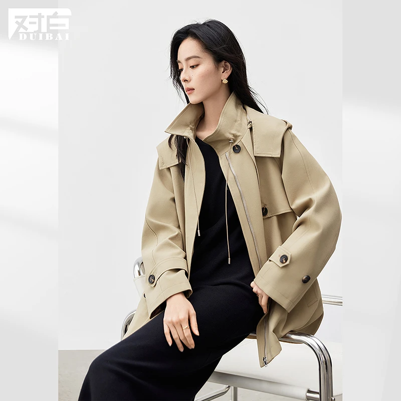 对白花苞领斗篷风衣外套女欧若风春季新款可拆卸连帽小个子气质上
