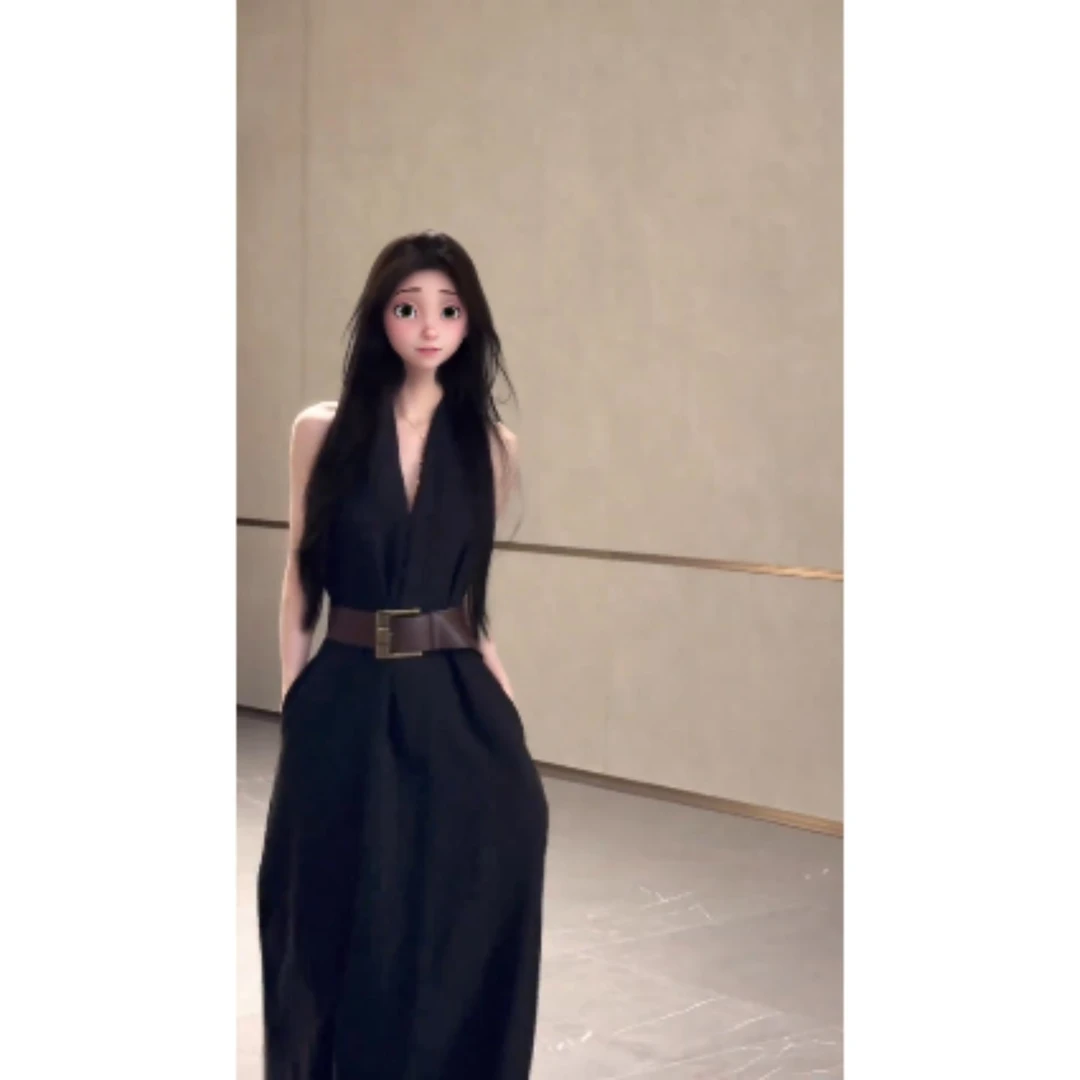 百搭老钱风女装V领挂脖黑色连衣裙夏季新款收腰显瘦无袖a字长裙子