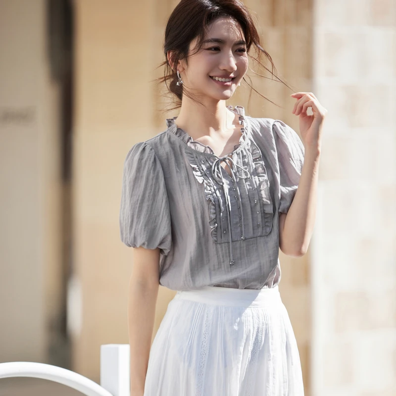 风笛2025夏季新款法式木耳边设计感短袖衬衫通勤上衣灯笼袖雪纺衫