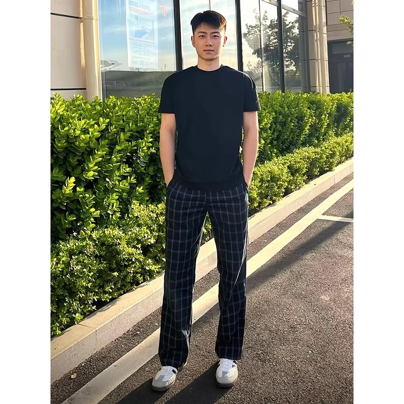 何以至此格子裤子男夏季薄款美式高街直筒微喇裤显腿长提裆运动裤
