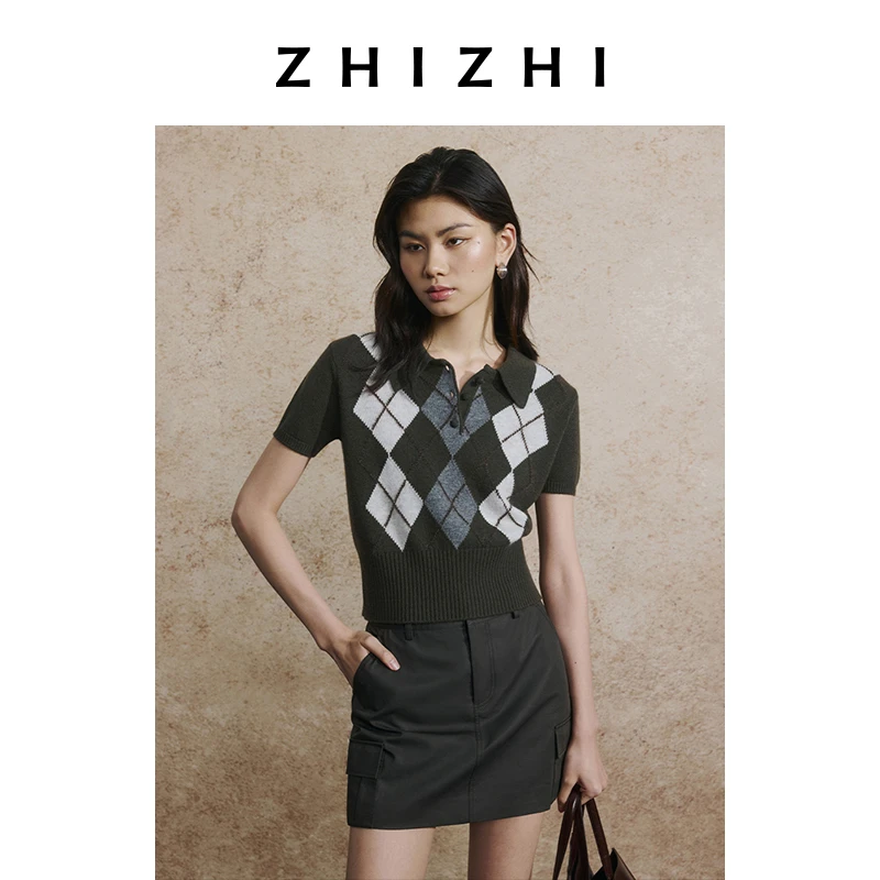 致知 三部乐 羊绒菱形格短袖polo毛衫25年秋季新款ZZ2EAKZL024