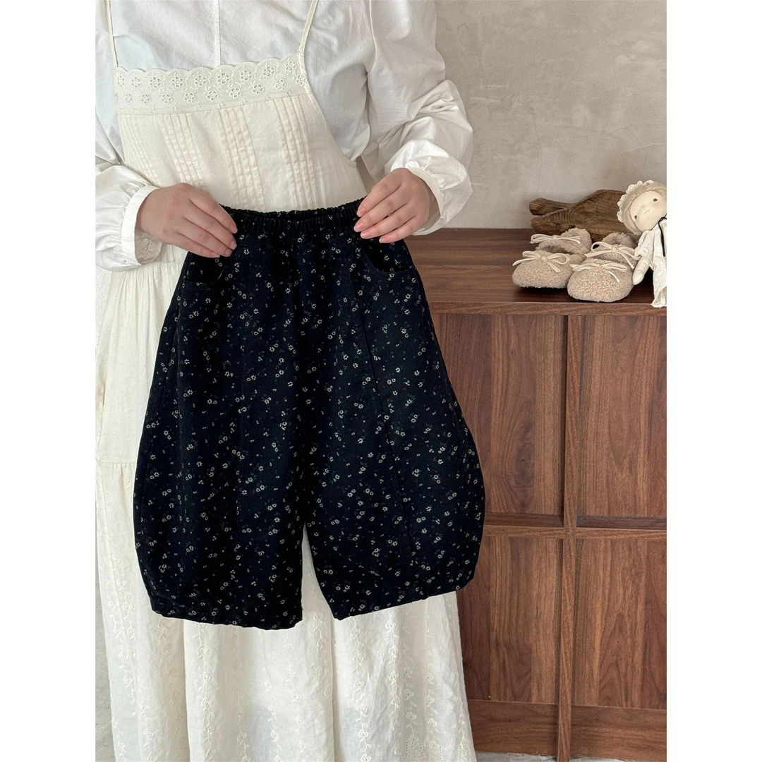 加厚灯芯绒碎花长裤2025新款秋季韩版儿童时尚灯笼裤休闲裤