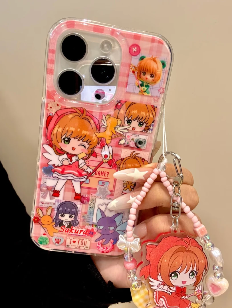 可爱粉格纹百变小樱插画双层壳苹果16promax/iPhone15/14手机壳13