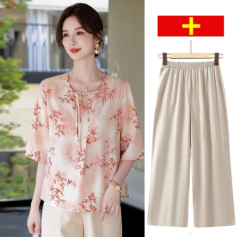 中年妈妈装夏装国风短袖雪纺衫2025新款中老年女装夏季时尚两件套